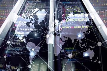 World map with communication network on server room background.