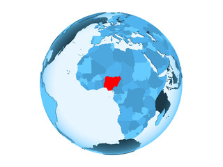Nigeria on blue globe isolated