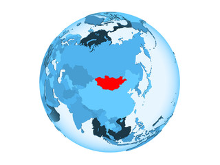 Mongolia on blue globe isolated