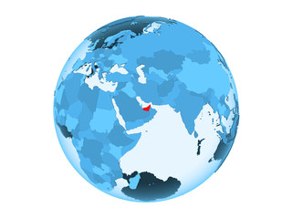United Arab Emirates on blue globe isolated