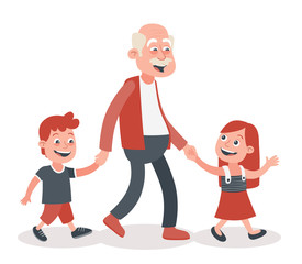 Grandfather with his grandchildren walking, he takes them by the hand. One boy and one girl. Cartoon style, isolated on white background. Vector illustration.