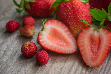 Strawberries on a wooden table.