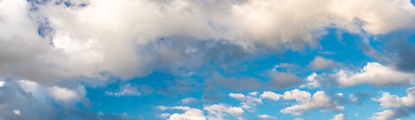 Panorama of beautiful blue sky with clouds on a hot summer day. High resolution