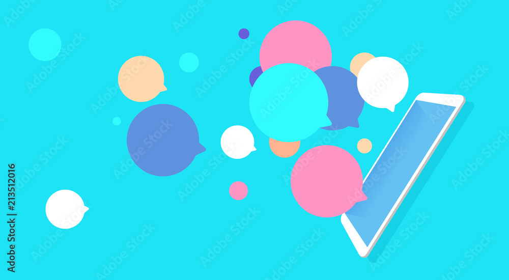 Poster mobile application chat flying bubbles interface message notifications horizontal flat vector illust