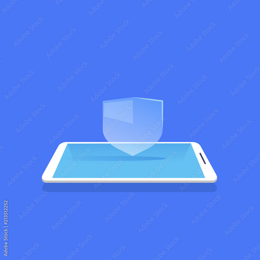 Poster shield protection icon mobile database privacy guard application blue background flat vector illustr
