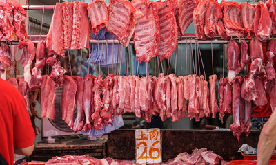 Red meat chop rows sell in Asian wet local market