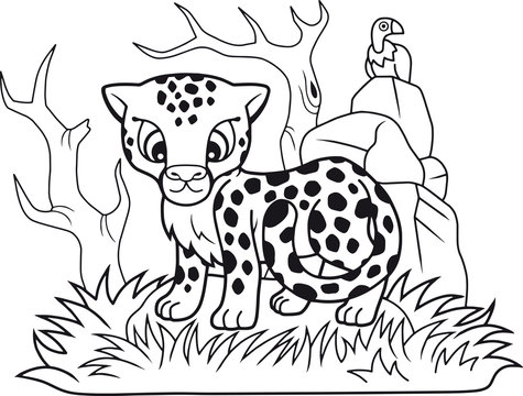 cartoon cute little cheetah, funny illustration, coloring book