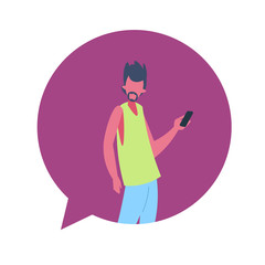 man using mobile app chat bubble character avatar isolated male cartoon portrait flat vector illustration