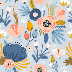 Seamless pattern with flowers,palm branch, leaves. Creative floral texture. Great for fabric, textile Vector Illustration
