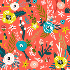 Fototapeta premium Seamless pattern with flowers,palm branch, leaves. Creative floral texture. Great for fabric, textile Vector Illustration