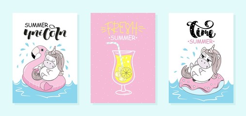 Set of summer holiday cards with unicorn. Vector illustration.