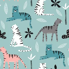 Printed kitchen splashbacks Jungle  children room Seamless pattern with tigers, palm branch and tropical background. Creative jungle childish texture. Great for fabric, textile Vector Illustration