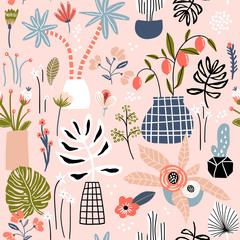Seamless pattern with flowers in pots, palm branch, leaves and textures on soft pink. Creative jungle texture. Great for fabric, textile Vector Illustration