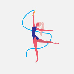 Obraz na płótnie Canvas gymnast girl dance blue ribbon character sportswoman activities cartoon isolated healthy lifestyle concept full length flat vector illustration