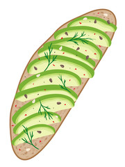 Avocado sandwich. Fresh rustic bread loaf with slices of ripe avocado. Delicious avocado sandwich with sesame seeds, seasoning and dill. Vector hand drawn illustration. 