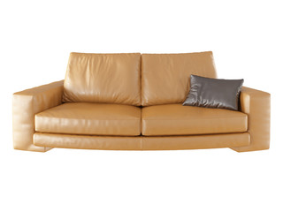 Leather sofa with a brown pillow on a white background