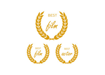 Set of award success and victory. Trophies cups ribbons rosettes medals. Winner triumph and success vector laurel