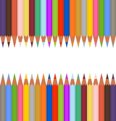 Set of colored pencils sharp side by side and opposite top and bottom. The wooden pencils white stripe in the middle