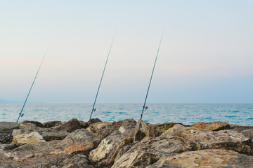 Fototapeta na wymiar Fishing rods fixed to the rocks near the sea coast without fishermen