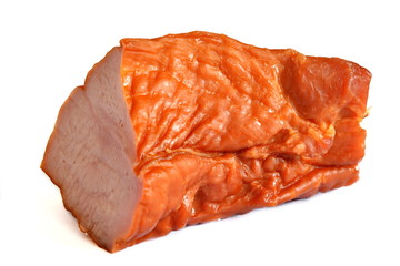A large piece of lean smoked meat of the neck with brown golden crust. Isolated. White background