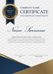 Certificate template vertical with luxury and modern pattern, appreciation award  diploma template of  black background and golden shapes and badge.