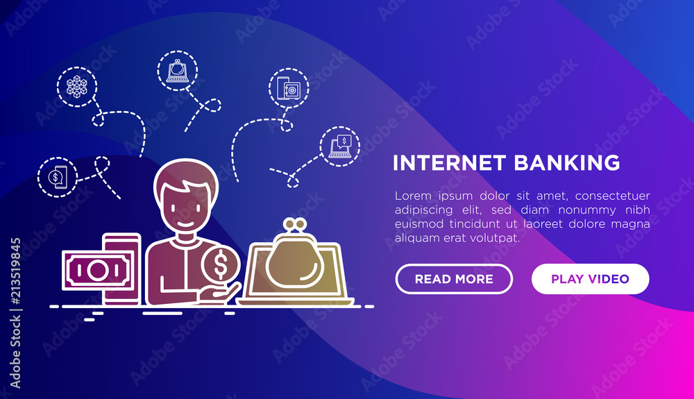 Poster online banking concept: man using online wallet on laptop and internet bank on mobile phone. vector 