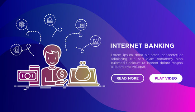 Online banking concept: man using online wallet on laptop and internet bank on mobile phone. Vector illustration, web page template on gradient background.