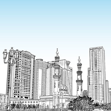 Hand drawn sketch of Mosque with skyscrapers in Dubai Marina district, UAE. Illustration, vector.