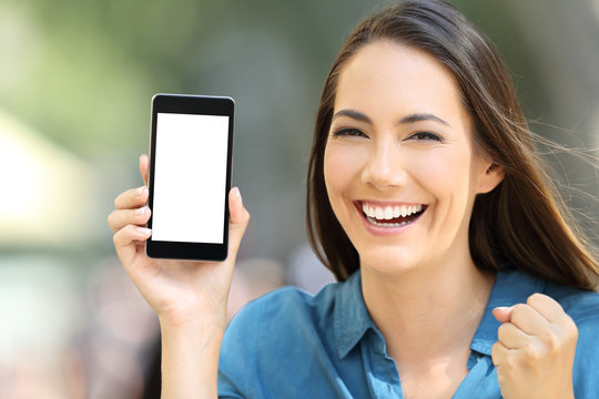 Excited Woman Showing A Blank Phone Screen