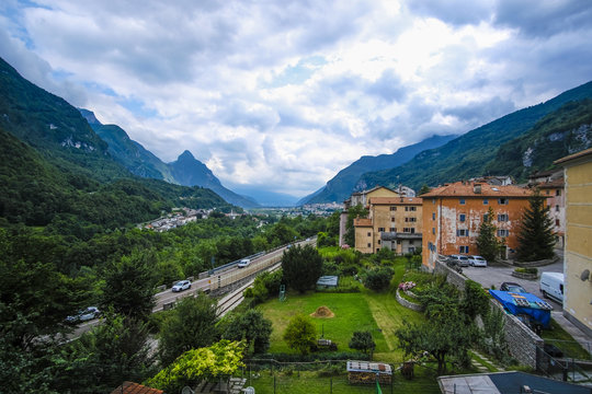 Longarone, Italy - July, 12, 2018: Alpine landscape with the image of Longarone, Italy