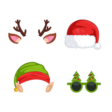 New Year's masks for photos. Christmas clipart Santa Claus and Elf  and deer