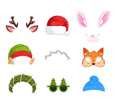 New Year's masks for photos. Christmas clipart Santa Claus and Elf and rabbit and deer, and fox