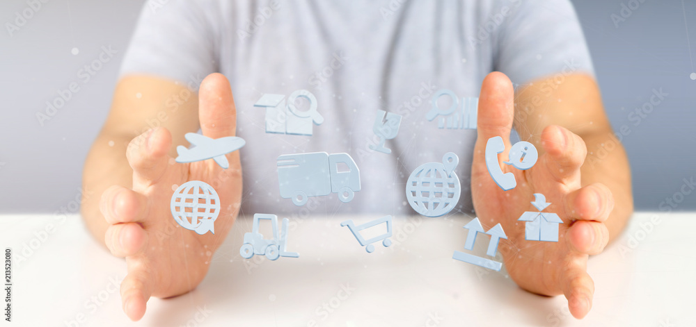 Poster businessman holding a logistic organisation with icon and connection 3d rendering