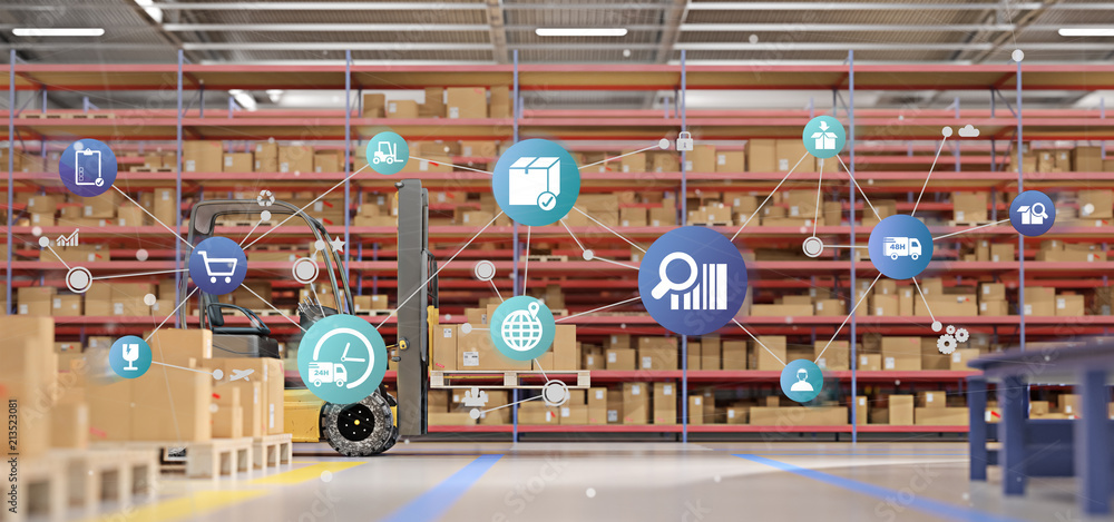 Poster logistic organisation on a warehouse background 3d rendering