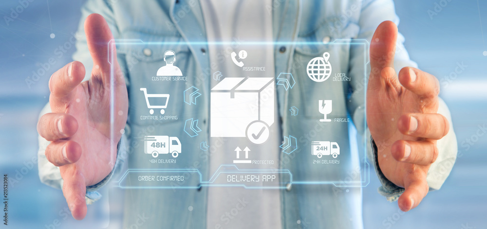 Poster businessman holding a logistic delivery application screen 3d rendering
