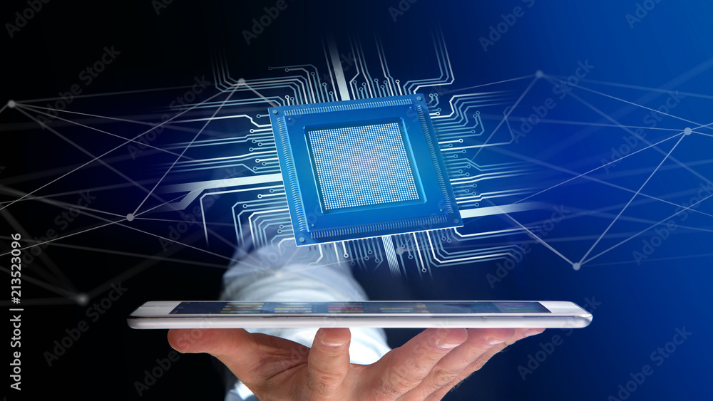 Poster businessman using a smartphone with a processor chip and network connection - 3d render