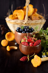 Strawberries, blueberries and chanterelles. Freshly picked forest berries and mushrooms