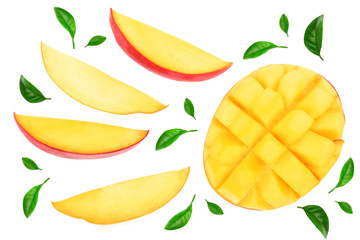 half of Mango fruit decorated with leaves isolated on white background close-up. Top view. Flat lay