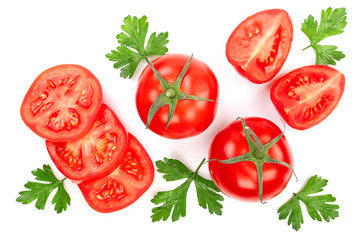 tomatoes with parsley leaves isolated on white background. Top view. Flat lay