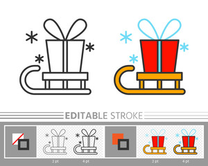 Present santa gift box delivery on sled line icon