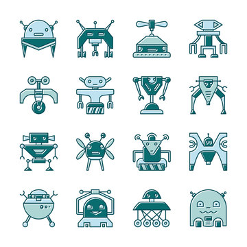 Robot line icon set with displaced fill