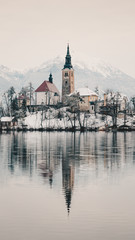 Naklejka premium Lake Bled church covered in snow