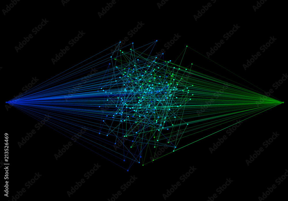 Poster wires. blue and green digital data computer network. abstract shape with connection lines in technol