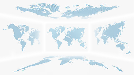 Perspective room and set of all side world map ( Dotted design ) background . Vector
