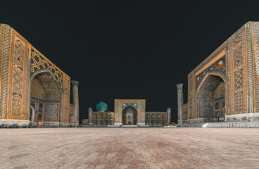 Fototapeta na wymiar View to Registan Square at Night in Samarkand Uzbekistan
