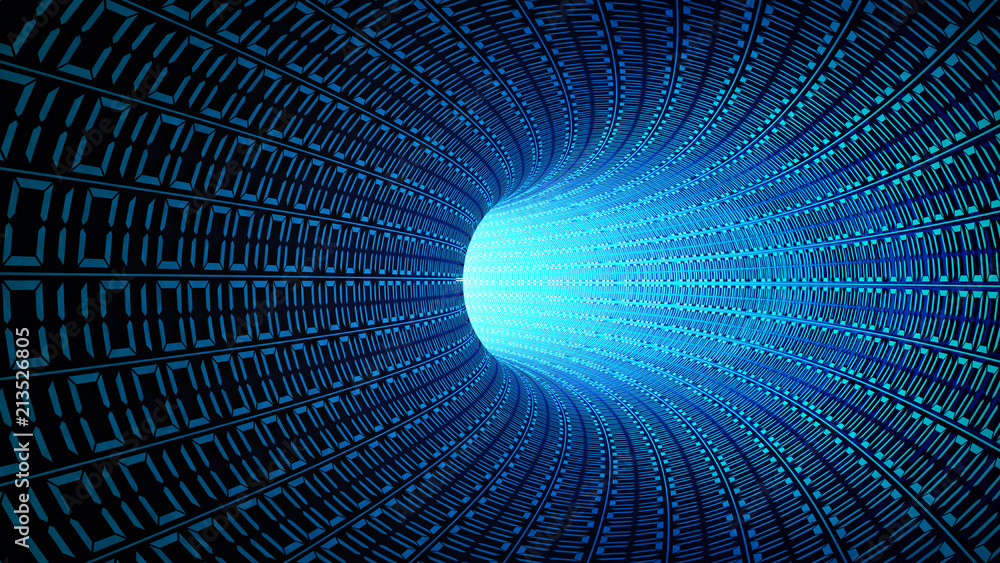 Poster binary code numbers in blue abstract speed motion in highway tunnel for technology background, digia