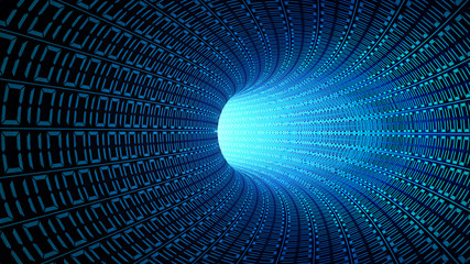 Binary code numbers in blue abstract speed motion in highway tunnel for technology background, digial data in computer. fast moving toward the light. 3d illustration