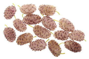 Fresh ripe white mulberry berries isolated on white background. Top view. Flat lay