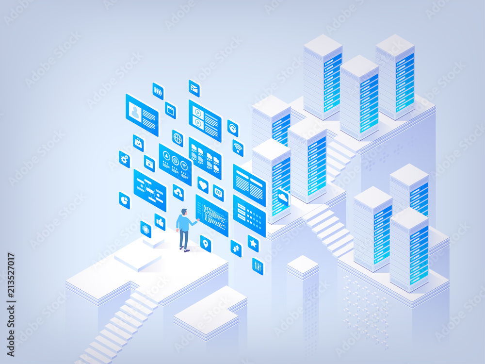 Poster database management. concept of hi tech isometric vector illustration
