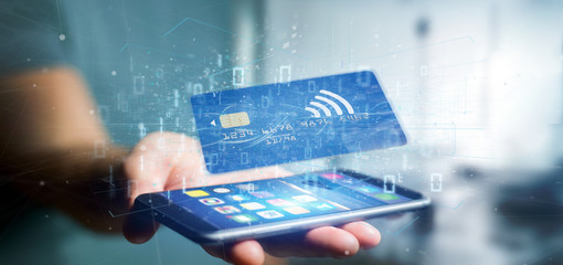 Man holding a contactless credit card payment concept 3d rendering